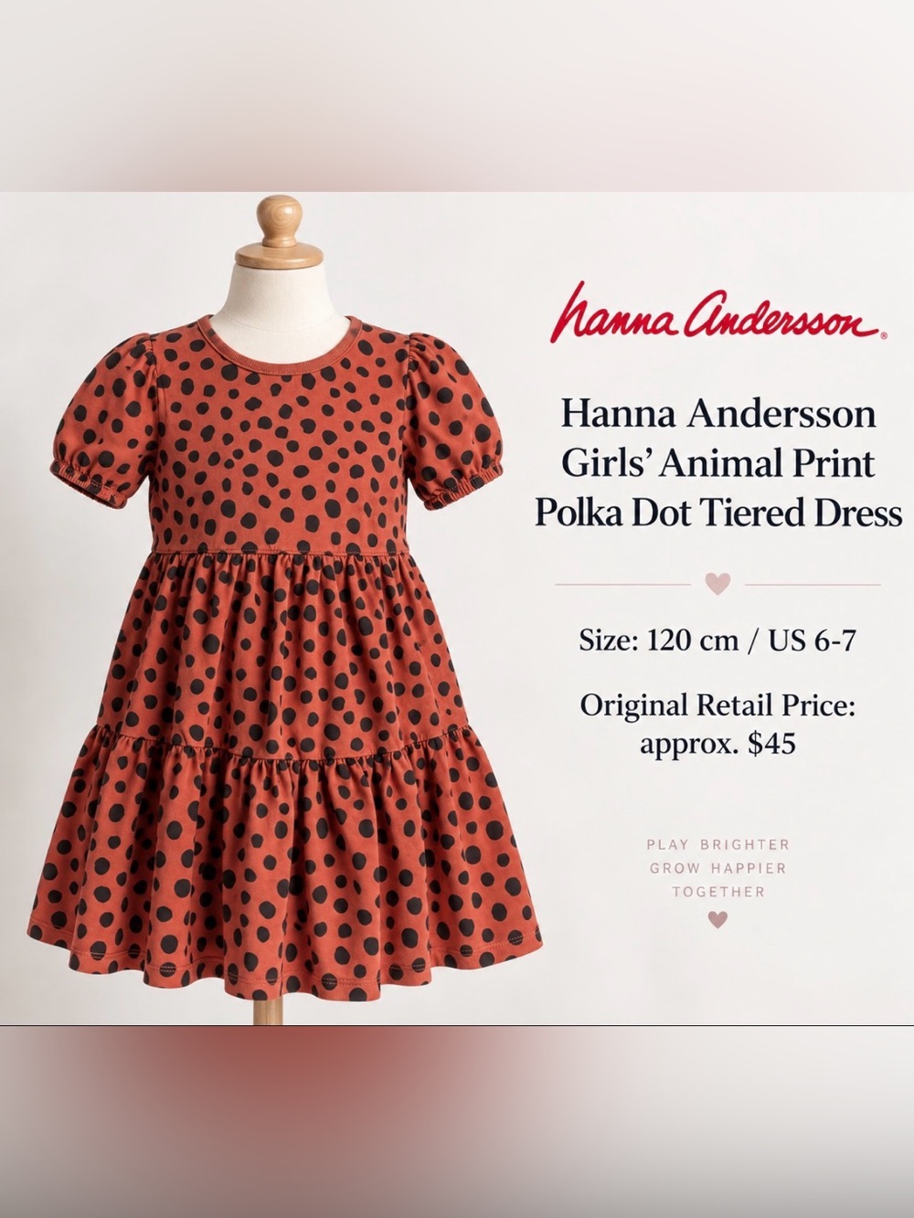 Hanna Andersson Kids Rust Colored Dress with Black Polka Dots, Size 6-7